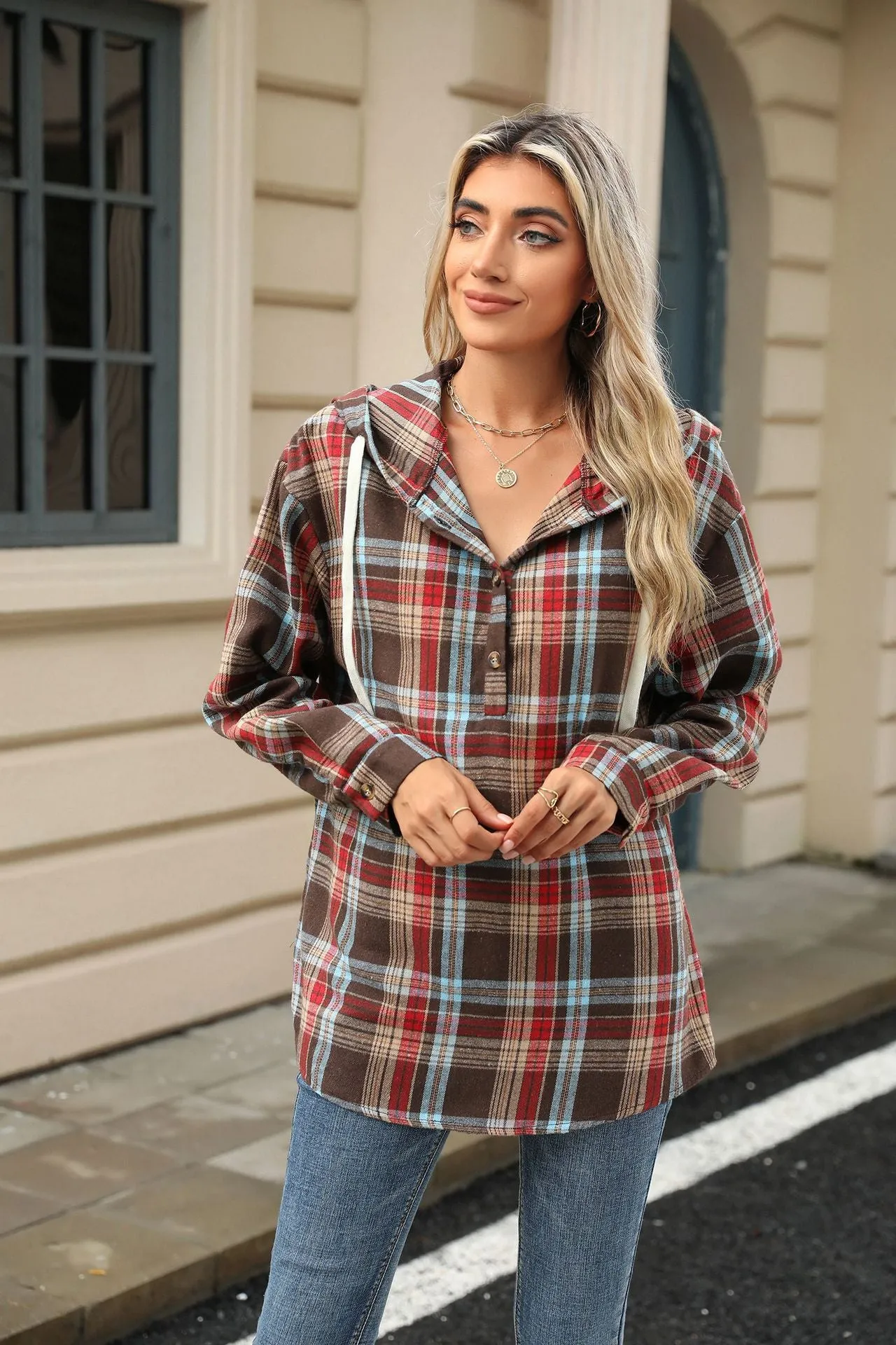 Long Sleeve Hooded Button Plaid Jacket Sweater