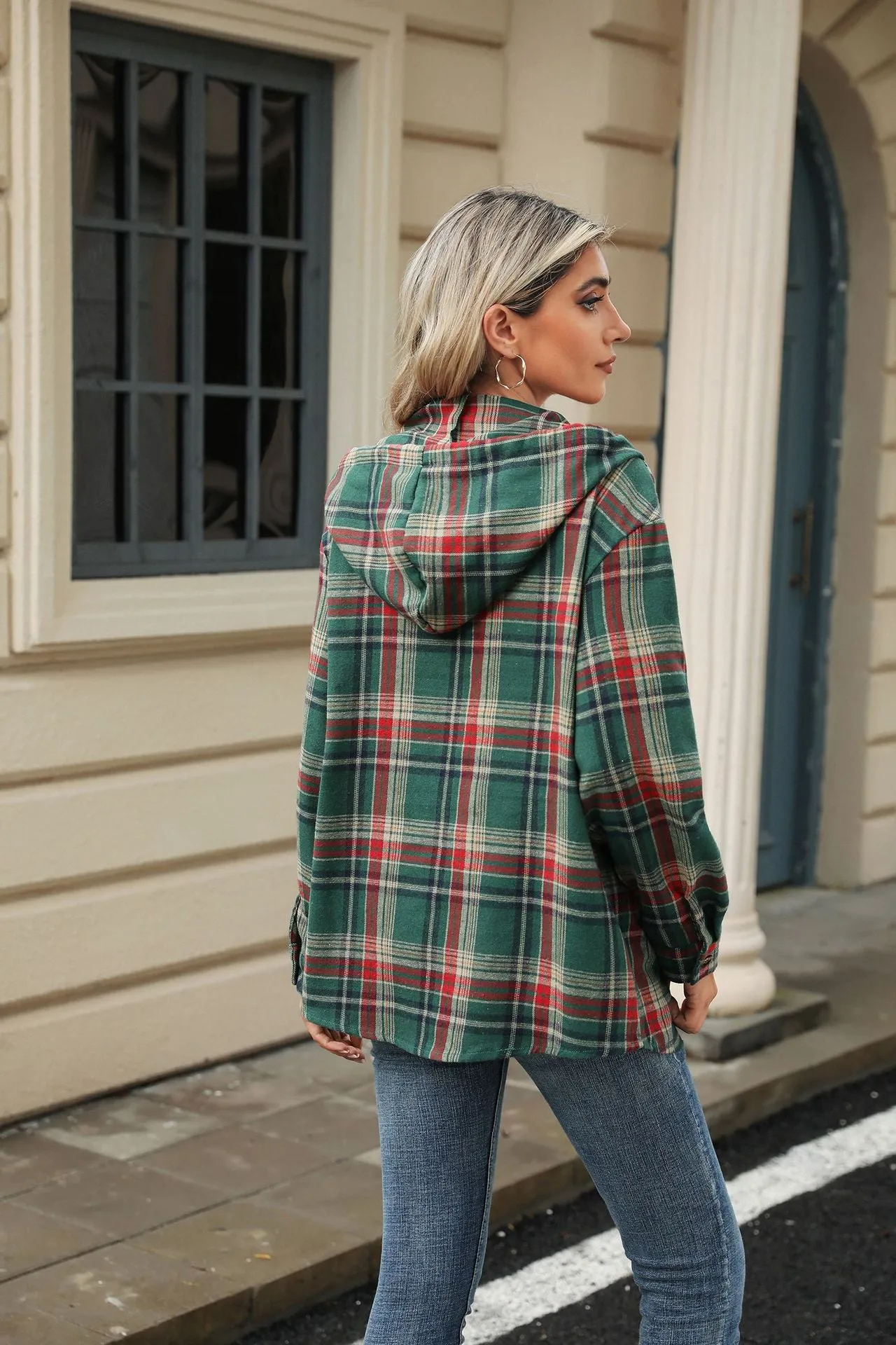 Long Sleeve Hooded Button Plaid Jacket Sweater