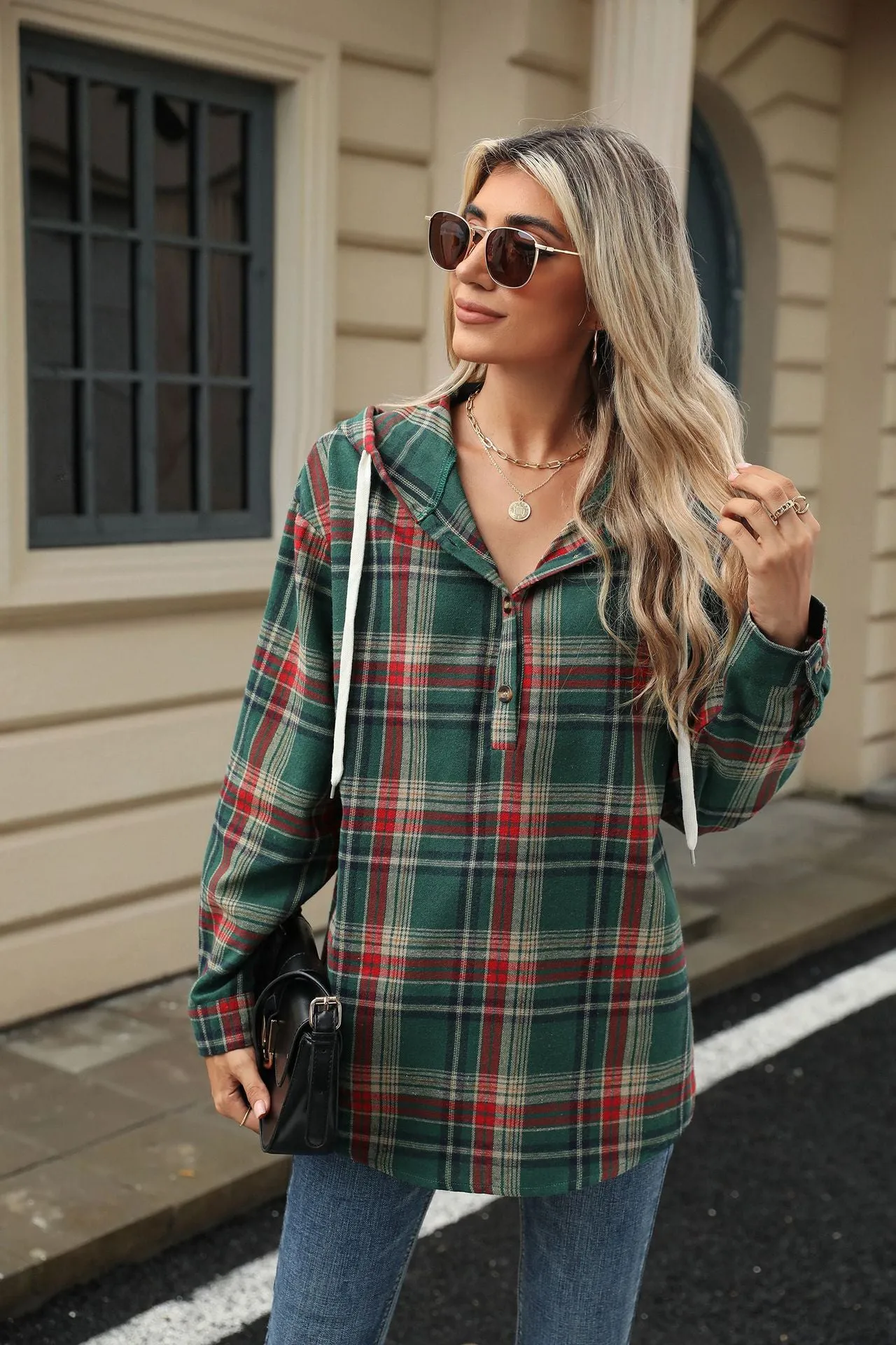 Long Sleeve Hooded Button Plaid Jacket Sweater