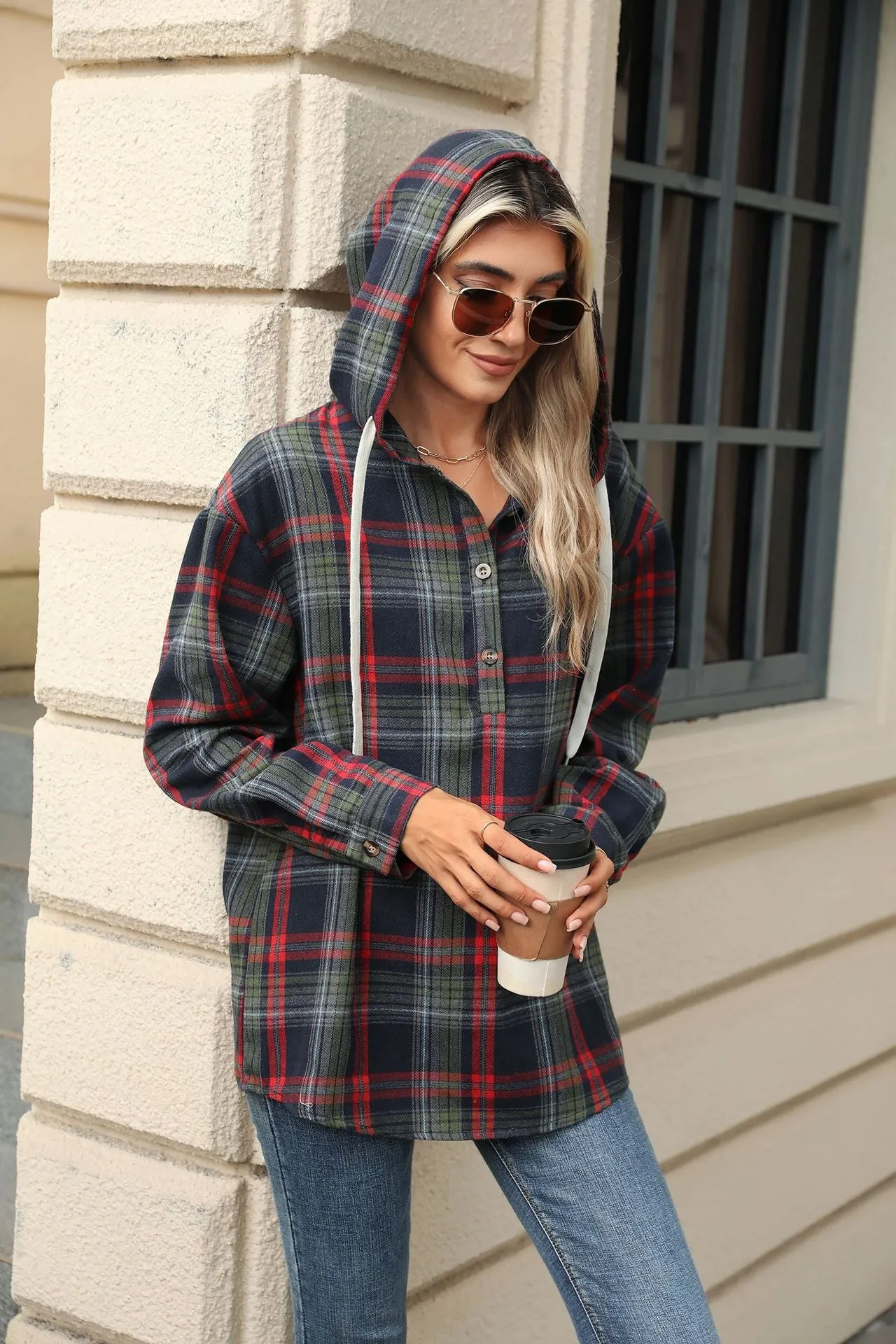 Long Sleeve Hooded Button Plaid Jacket Sweater