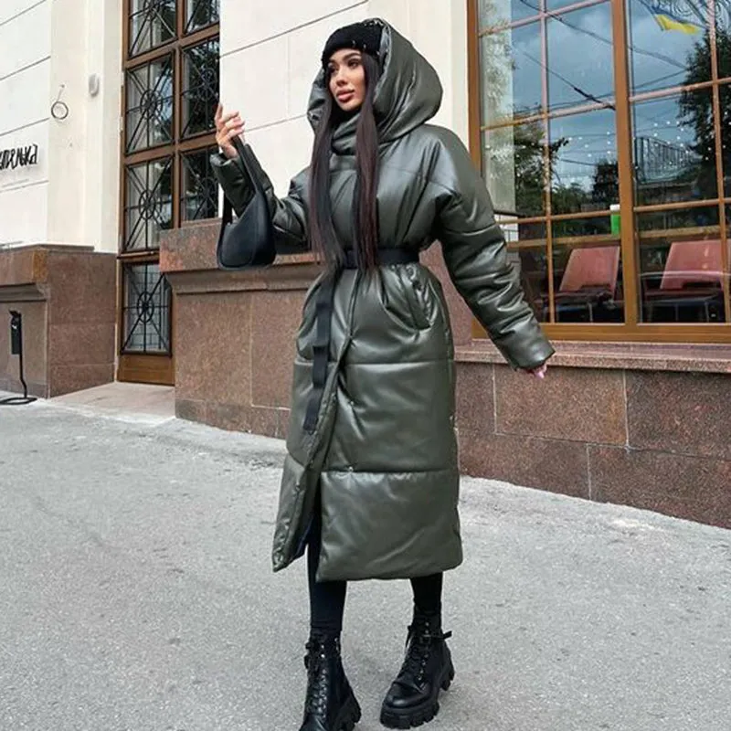 Malina Hooded PU Parkas Women Fashion Tie Belt Coats Women Elegant Solid Faux Leather Slim Long Cotton Jackets Female Ladies