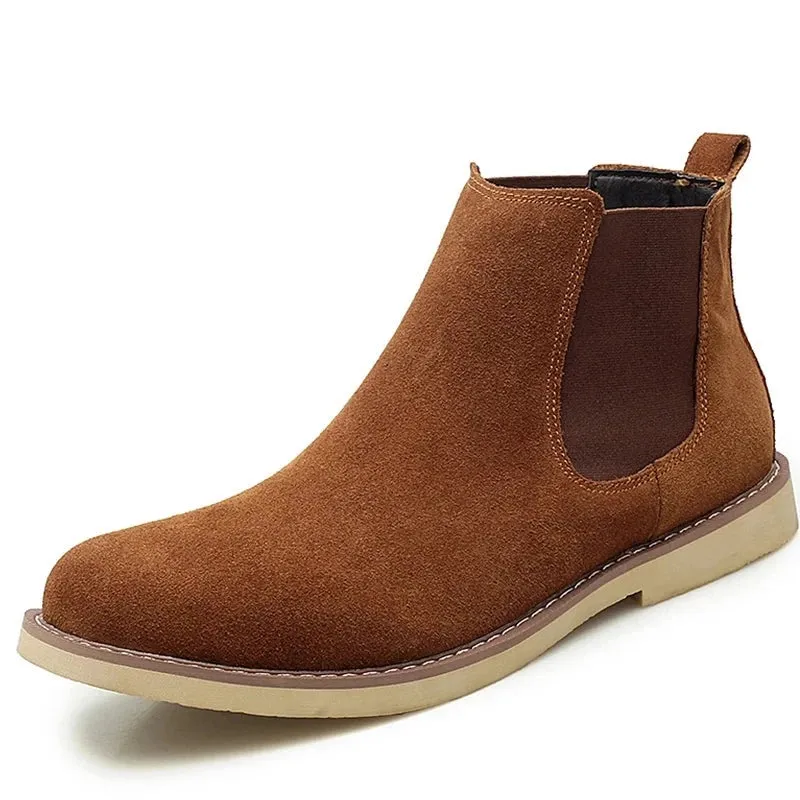 Men Chelsea Boots Cow Suede Fashion Winter Warm Snow Boots Motorcycle Ankle Boots Vintage Style Slip On Casual Shoes