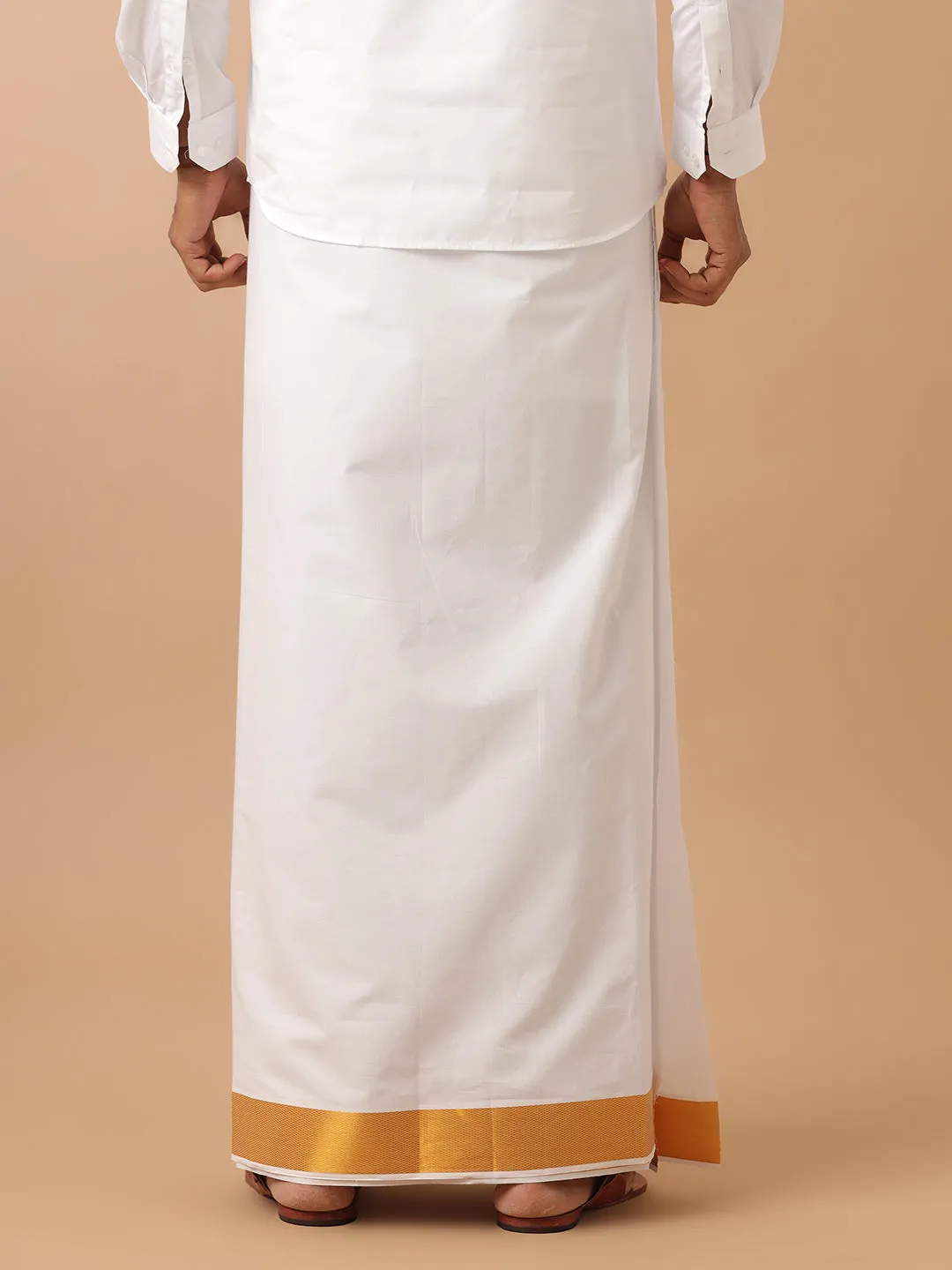 Men Double Dhoti White with Gold Jari 2 1/2" Kaviyam