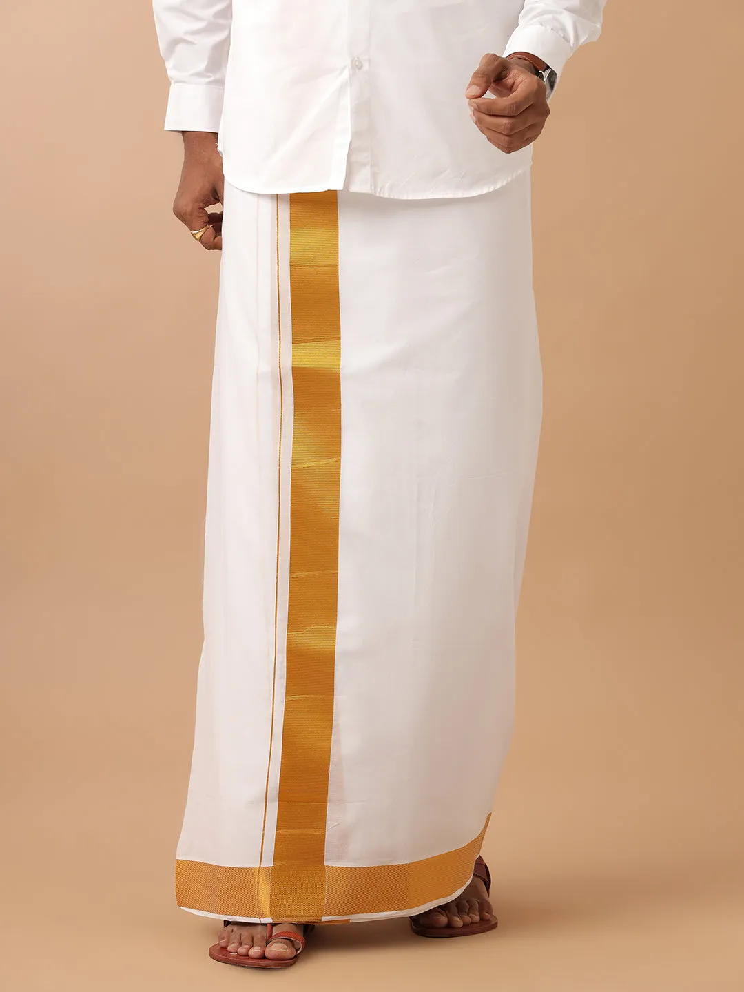 Men Double Dhoti White with Gold Jari 2 1/2" Kaviyam