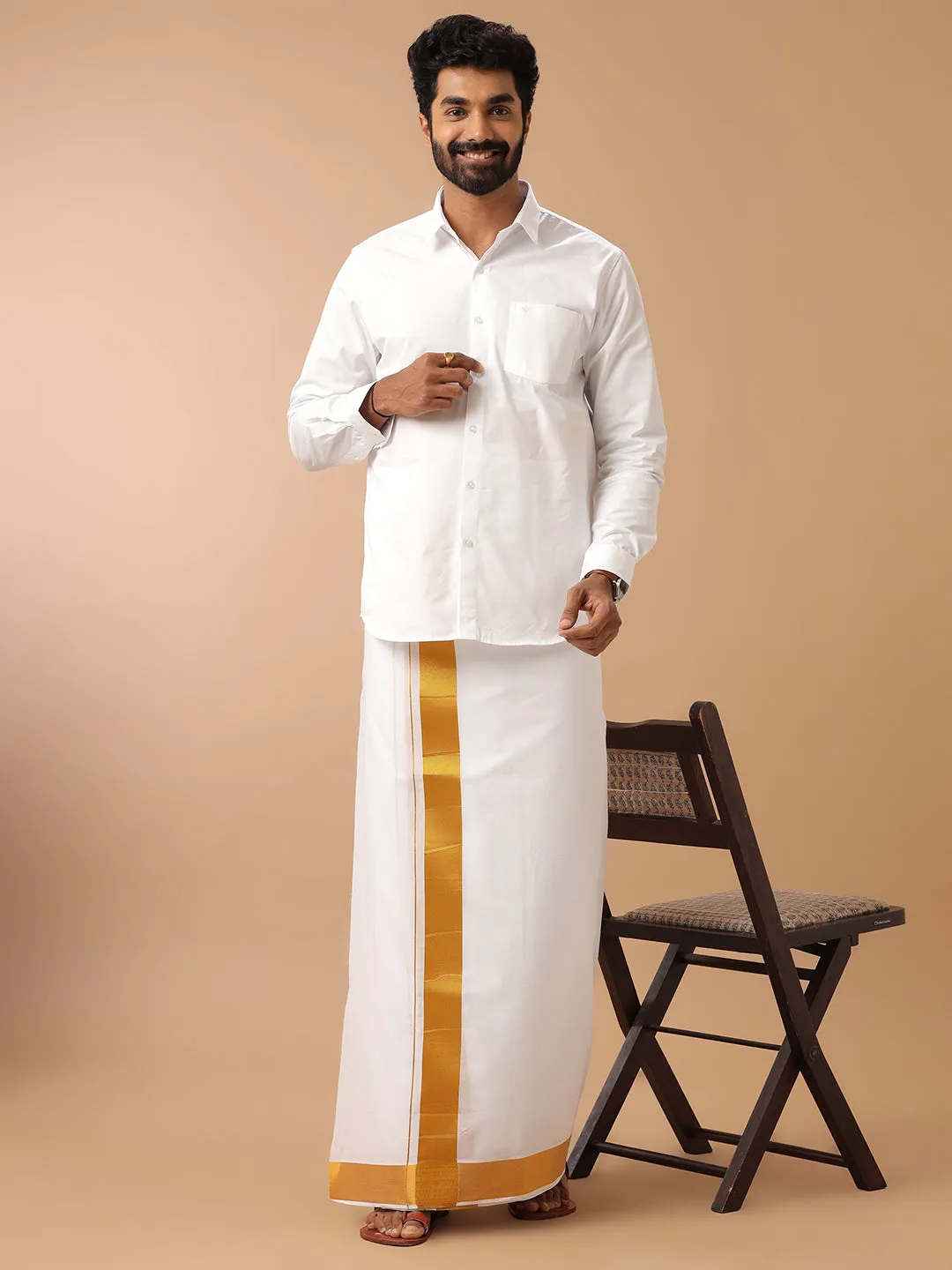 Men Double Dhoti White with Gold Jari 2 1/2" Kaviyam