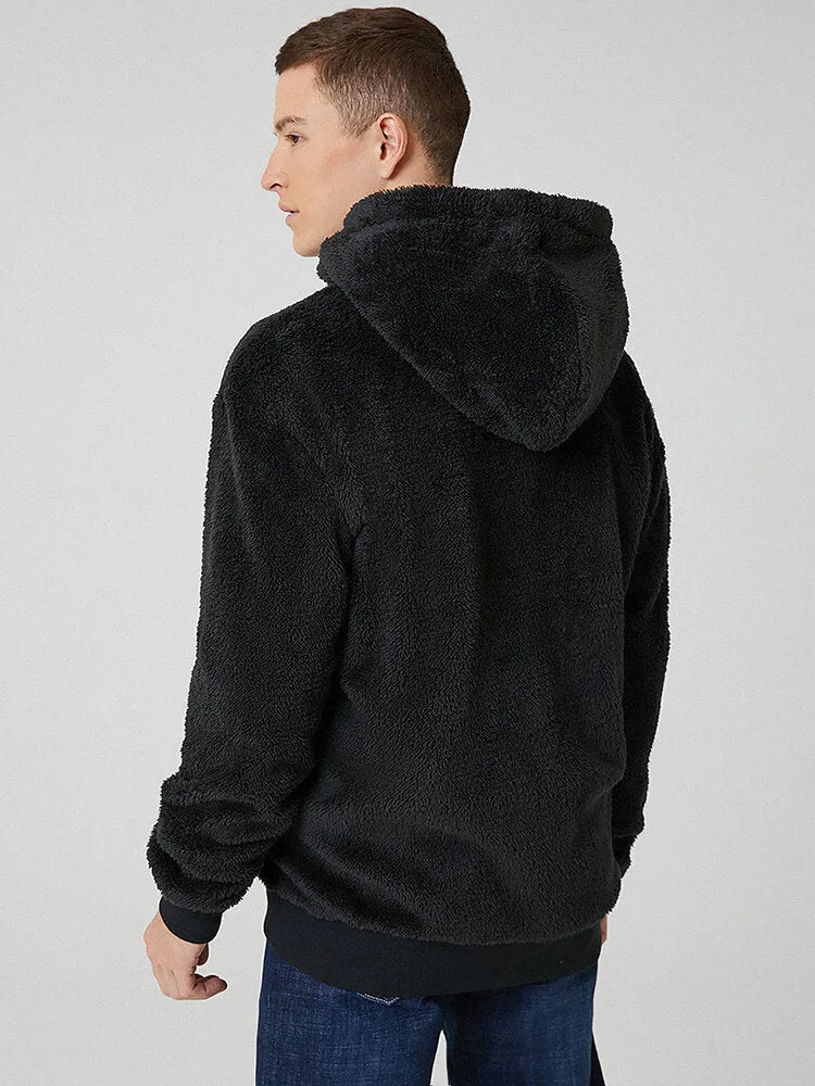 Mens Black Plush Warm Long Sleeve Pocket Teddy Hooded Jacket