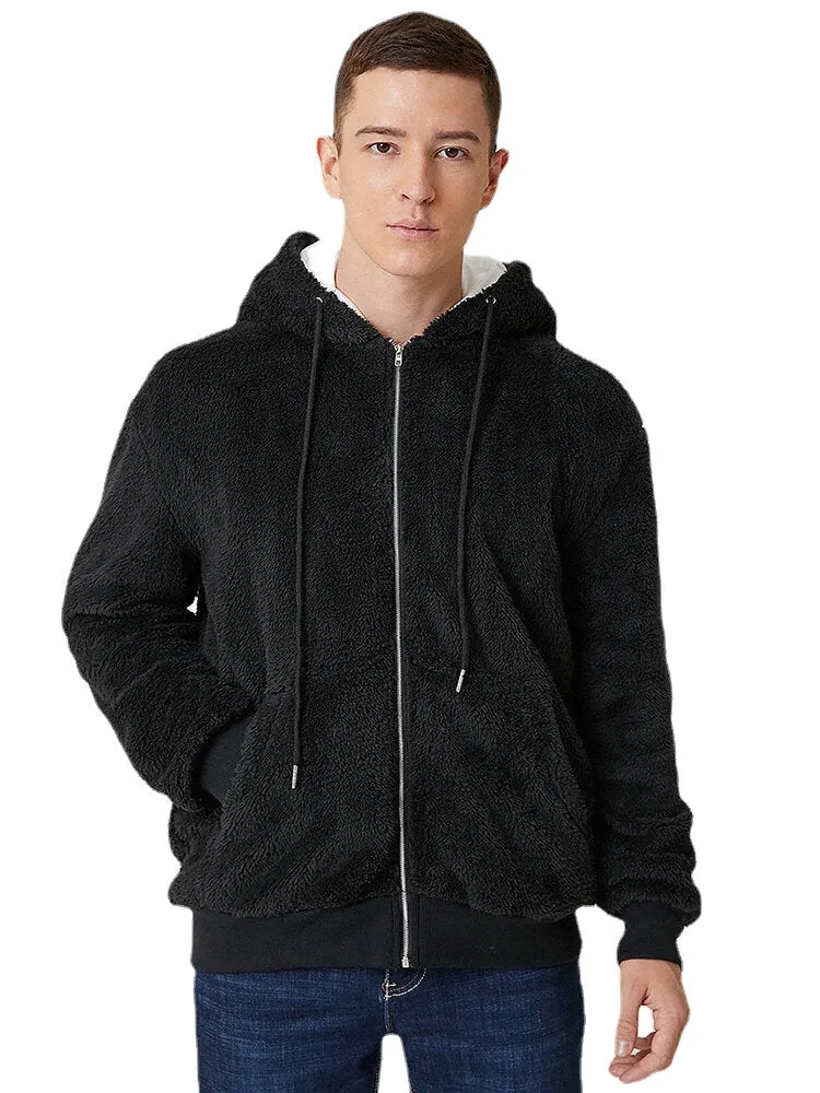 Mens Black Plush Warm Long Sleeve Pocket Teddy Hooded Jacket