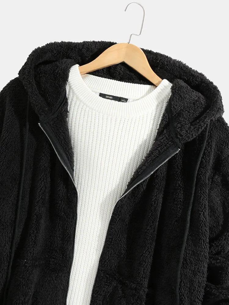 Mens Black Plush Warm Long Sleeve Pocket Teddy Hooded Jacket