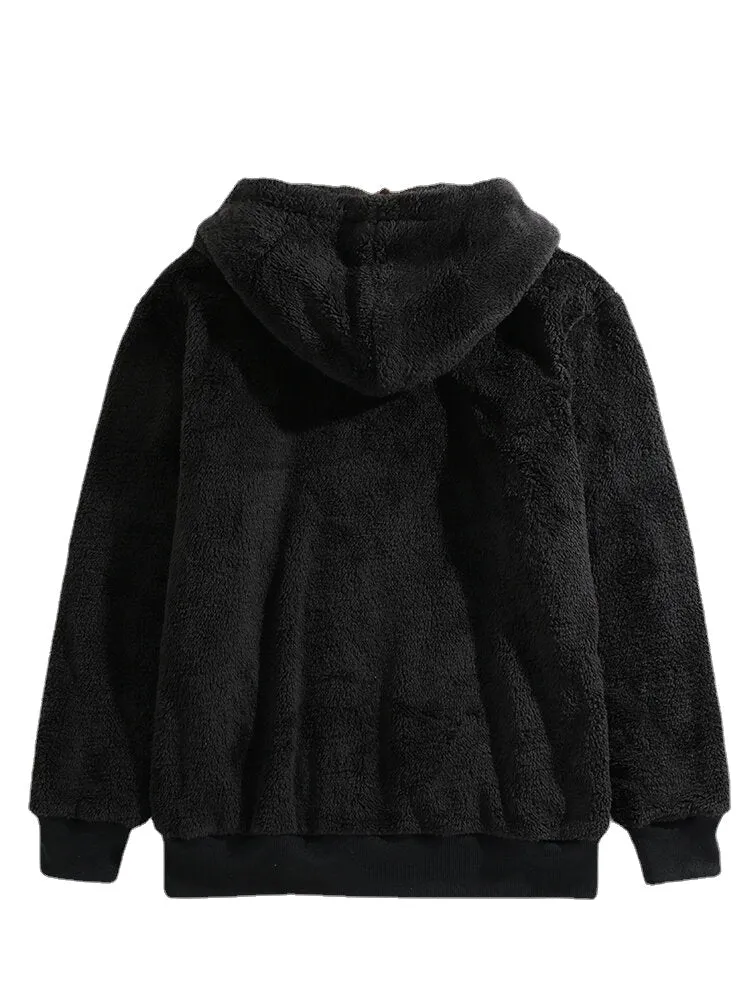 Mens Black Plush Warm Long Sleeve Pocket Teddy Hooded Jacket