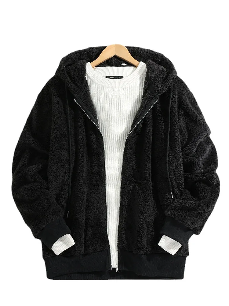 Mens Black Plush Warm Long Sleeve Pocket Teddy Hooded Jacket