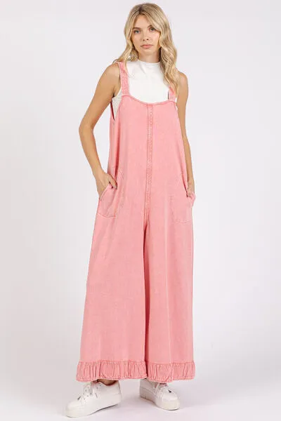 Mittoshop Ruffled Hem Wide Leg Overalls with Pockets