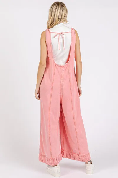 Mittoshop Ruffled Hem Wide Leg Overalls with Pockets