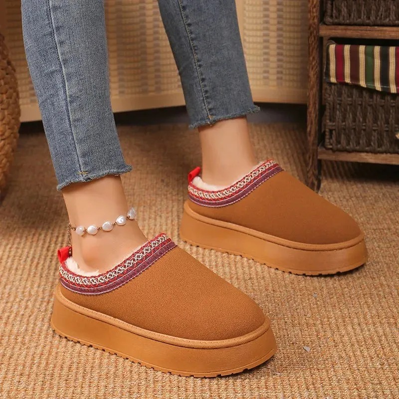 New Women Warm Suede  Snow Boots Autumn Winter Woman Slip on Platform Boats Round Head Hair Half Slipper Female Cotton Shoes