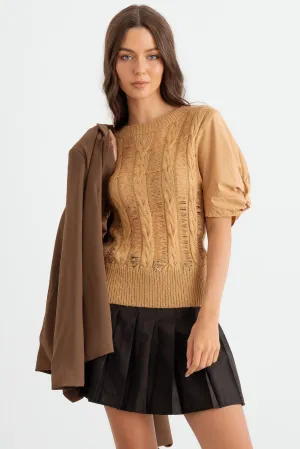 Nude Distressed Cable Knit Puff Short Sleeve Sweater /2-2-2