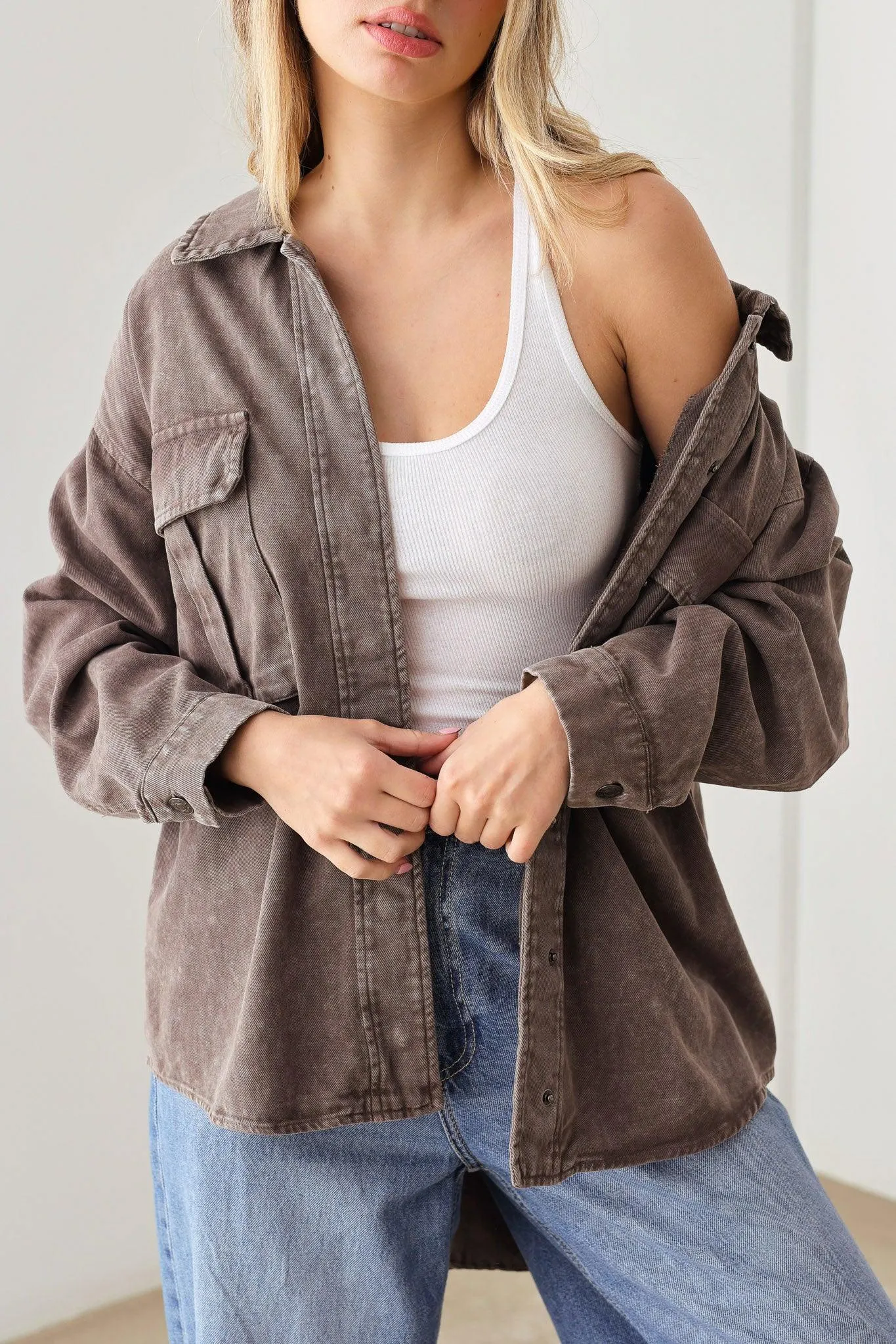 Oversize Dye Washed Front Pocket Shirt Top Jacket