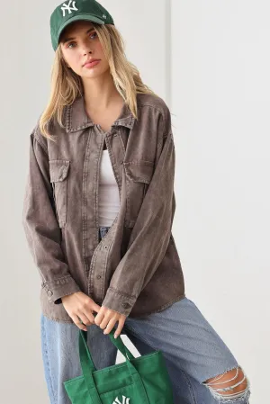 Oversize Dye Washed Front Pocket Shirt Top Jacket