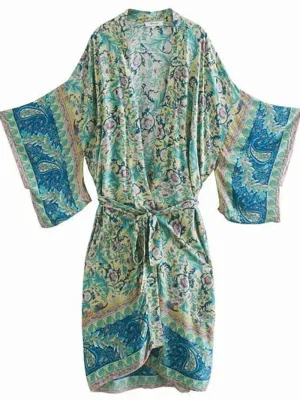 Paisley Print Green Color Cotton Long Length Gown Kimono Duster Robe