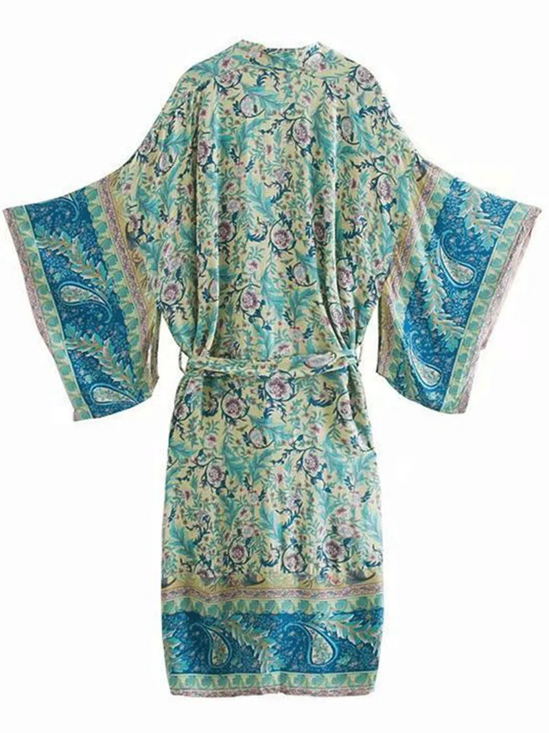 Paisley Print Green Color Cotton Long Length Gown Kimono Duster Robe