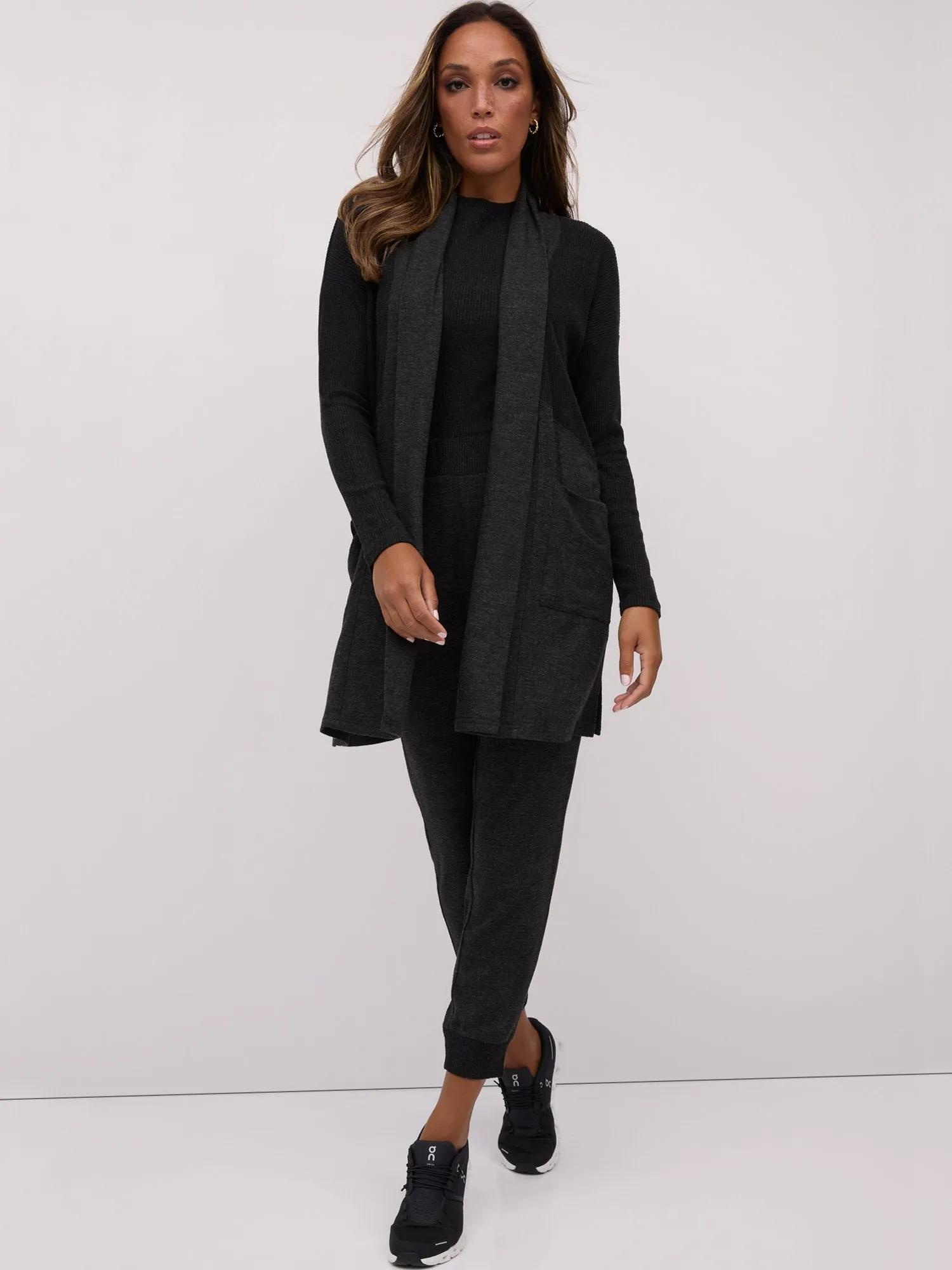 Ribbed-Trim Knit Duster