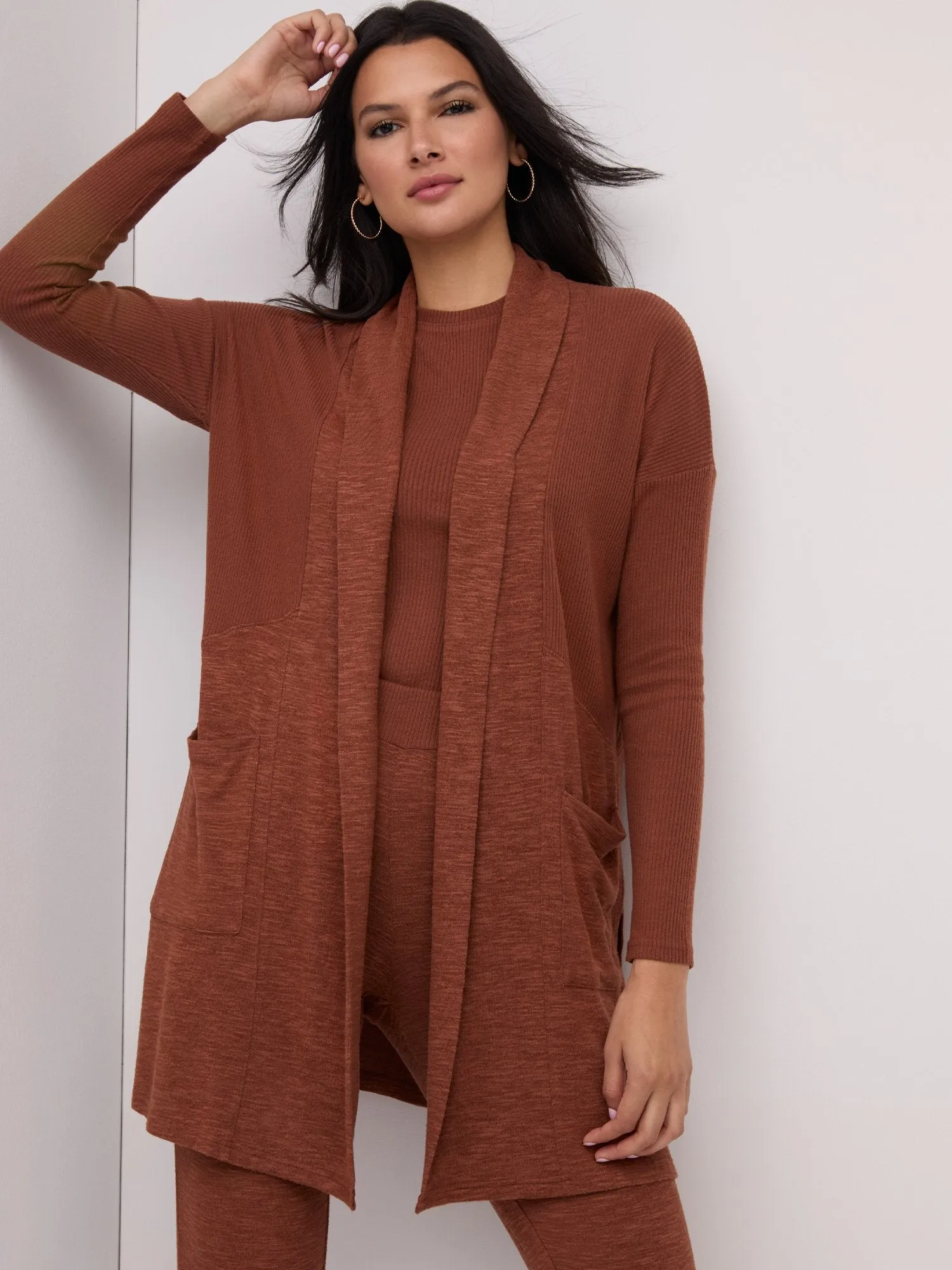 Ribbed-Trim Knit Duster