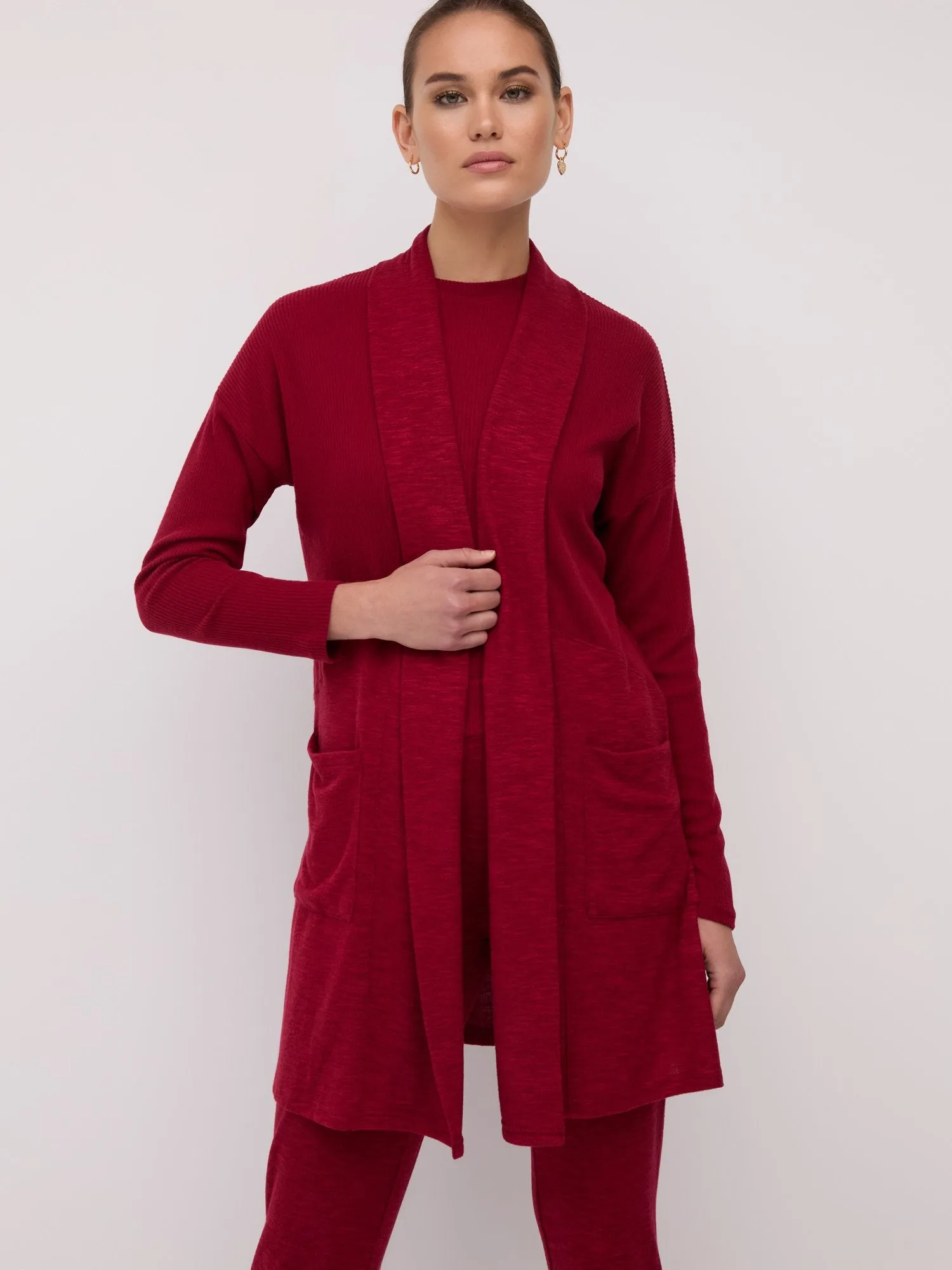 Ribbed-Trim Knit Duster