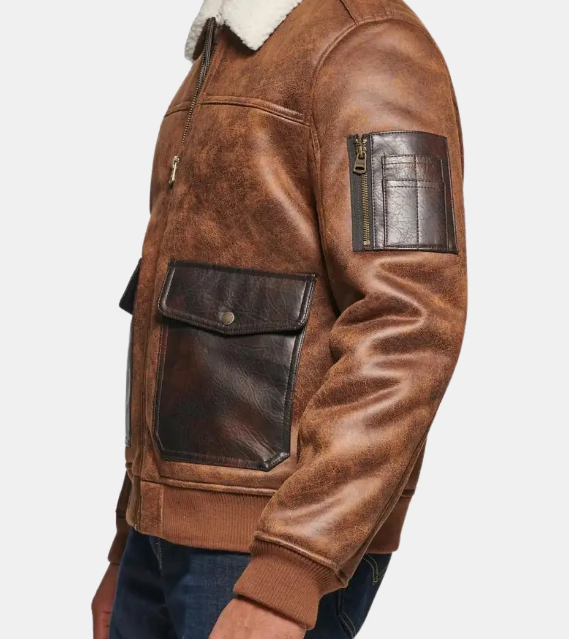 Sinead Men's Brown Shearling Collar Distressed Leather Jacket