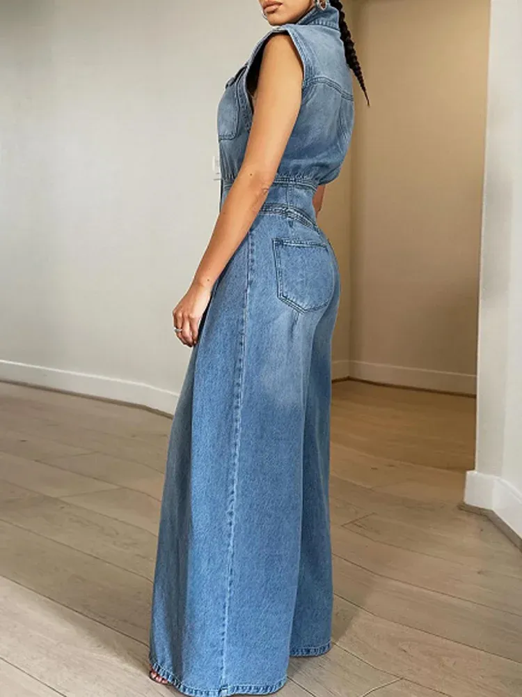 Trend4us Vintage Sleeveless Denim Wide-Leg Jumpsuit