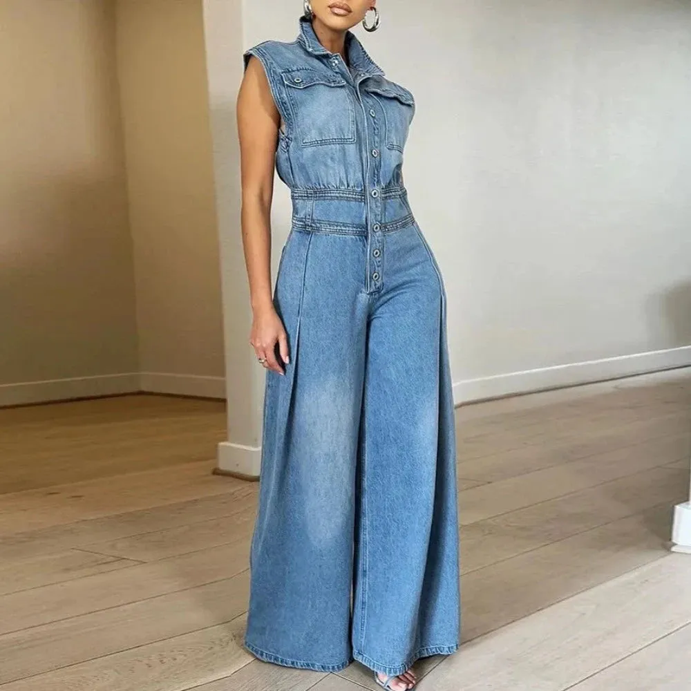 Trend4us Vintage Sleeveless Denim Wide-Leg Jumpsuit