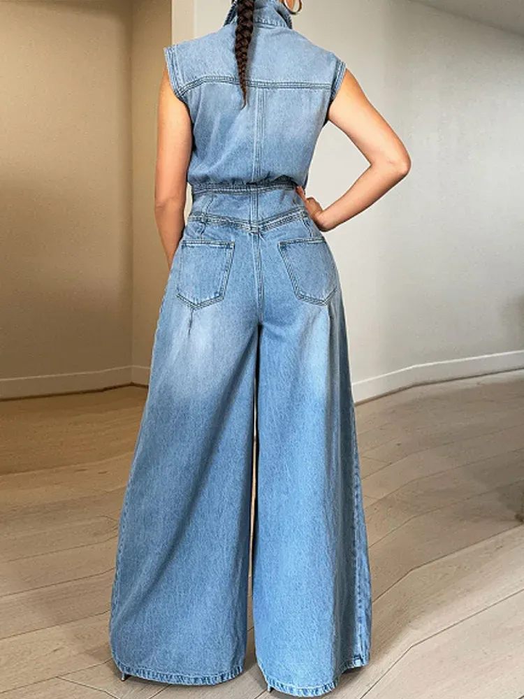 Trend4us Vintage Sleeveless Denim Wide-Leg Jumpsuit