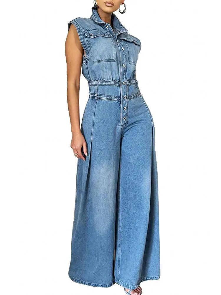 Trend4us Vintage Sleeveless Denim Wide-Leg Jumpsuit