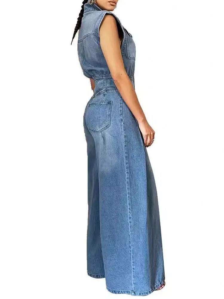 Trend4us Vintage Sleeveless Denim Wide-Leg Jumpsuit