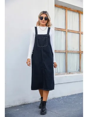 Trendy Denim Pinafore Dress Midi Skirt