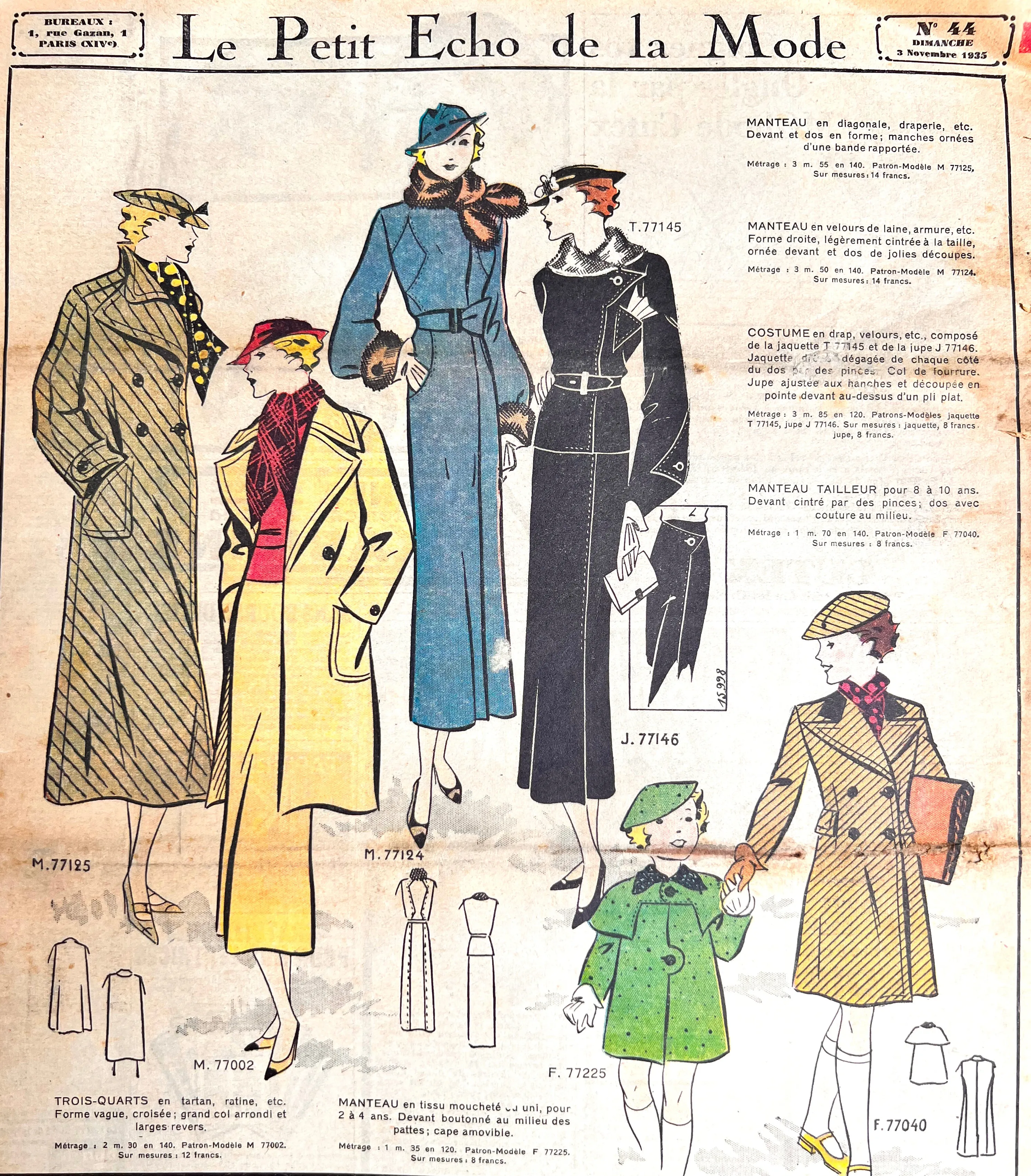 Winter Fashions incl. Mourning Coats and Childrens Toys in November 1935 Women's Paper Le Petit Echo de la Mode