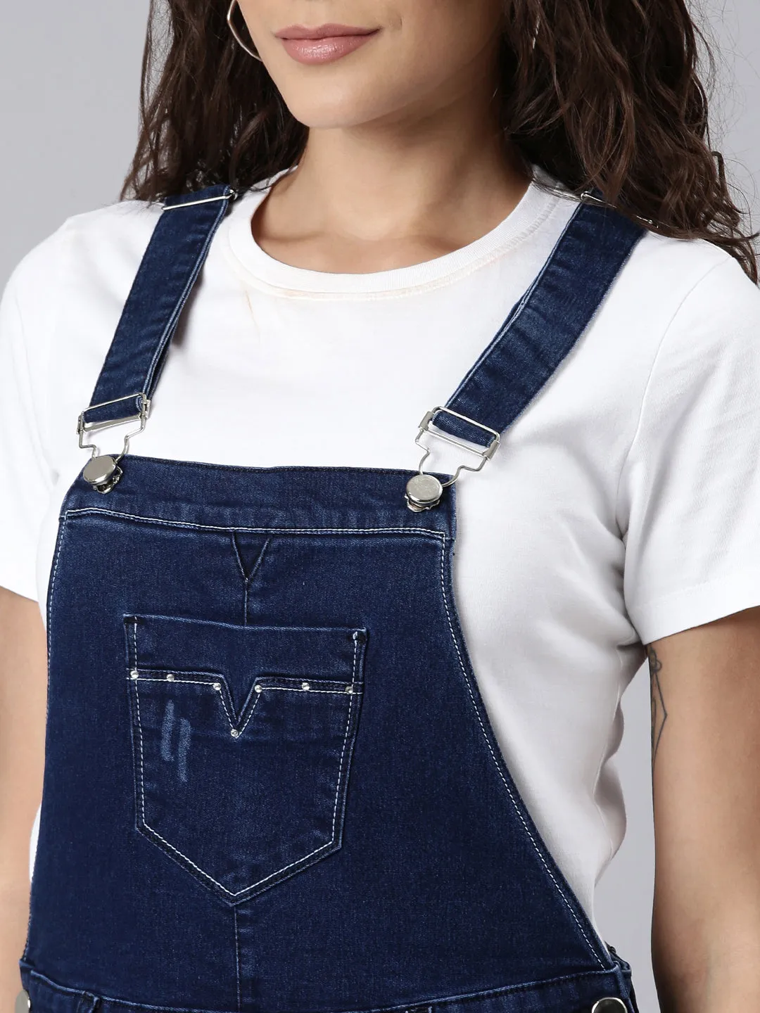 Women Navy Blue Solid Dungaree