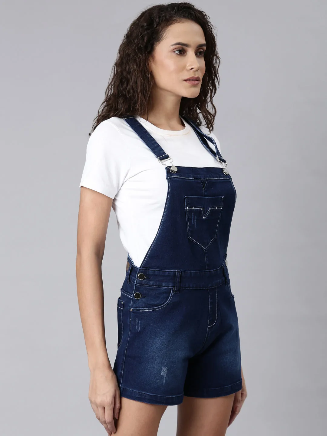 Women Navy Blue Solid Dungaree