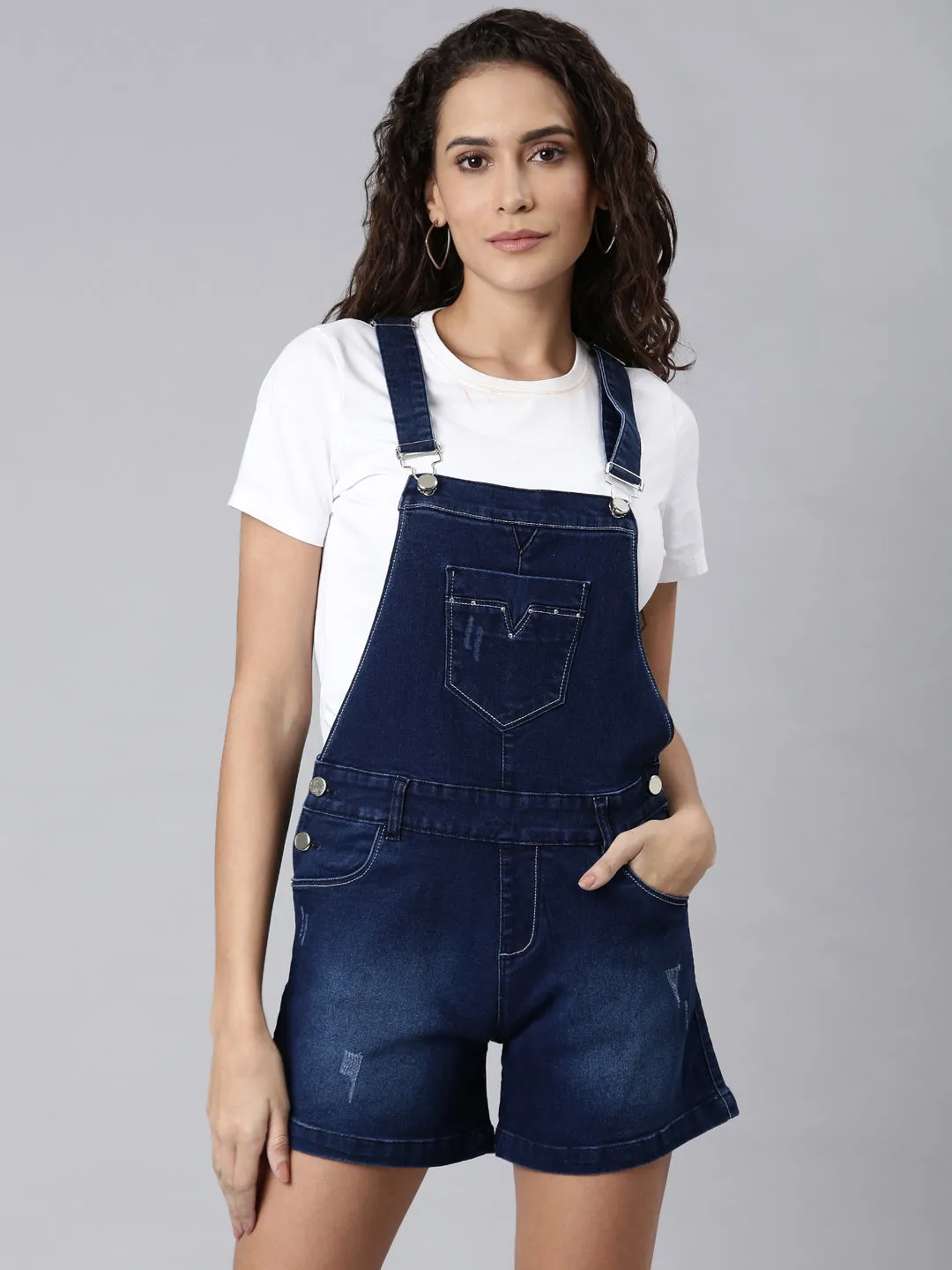 Women Navy Blue Solid Dungaree