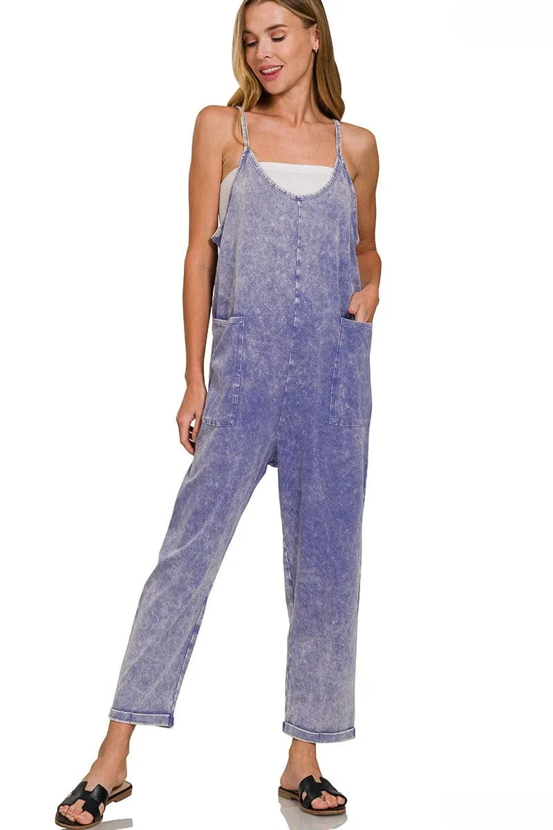 Zenana Acid Washed Spaghetti Strap Overalls with Pockets