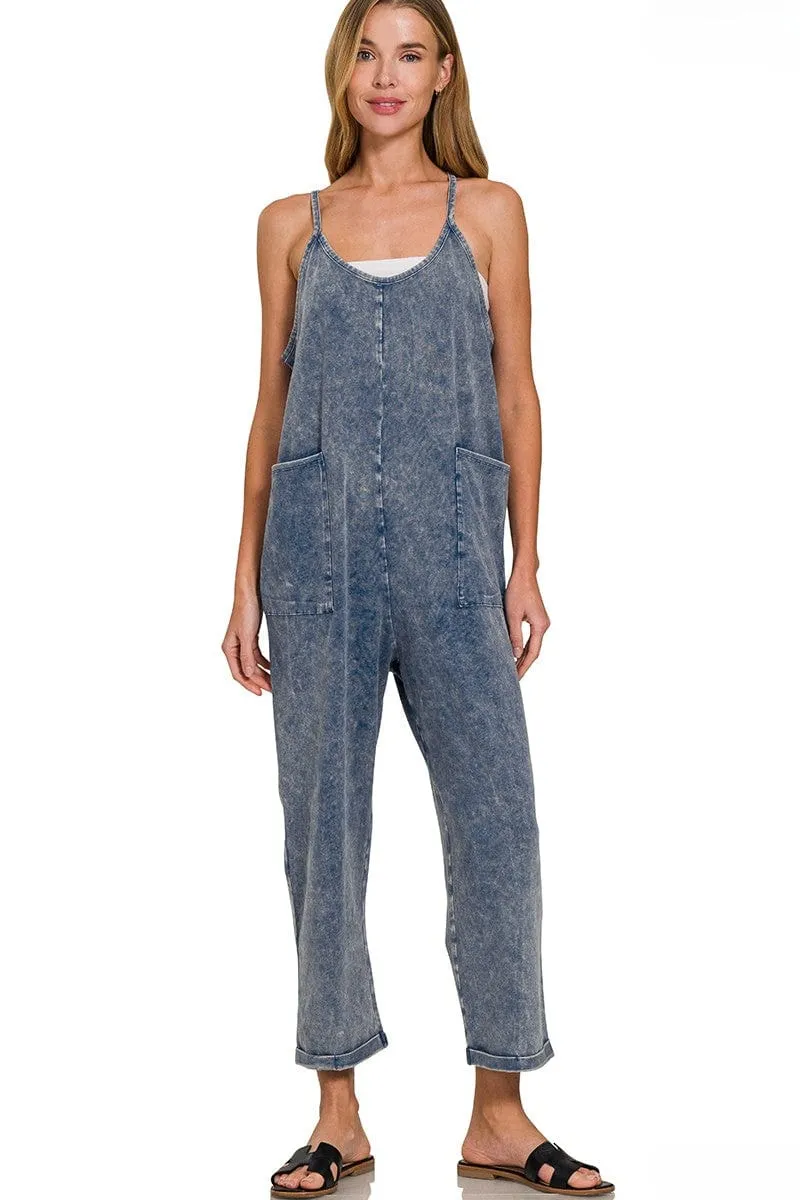 Zenana Acid Washed Spaghetti Strap Overalls with Pockets