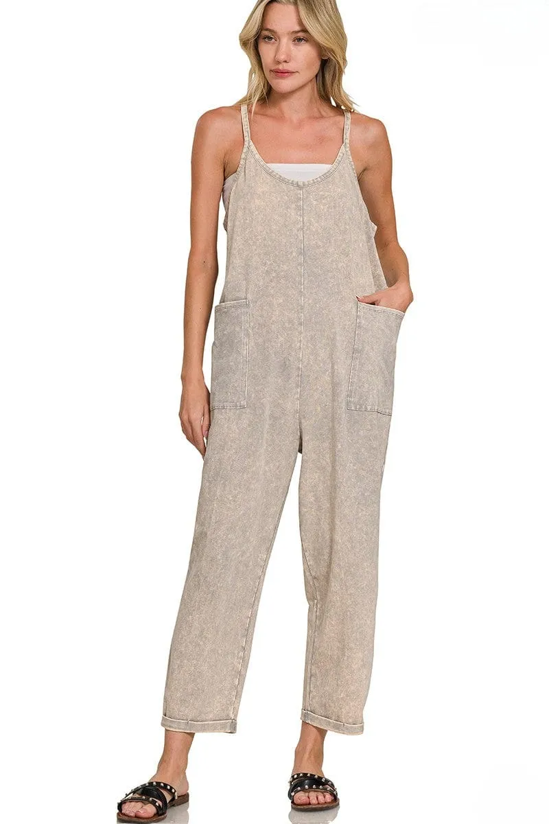 Zenana Acid Washed Spaghetti Strap Overalls with Pockets