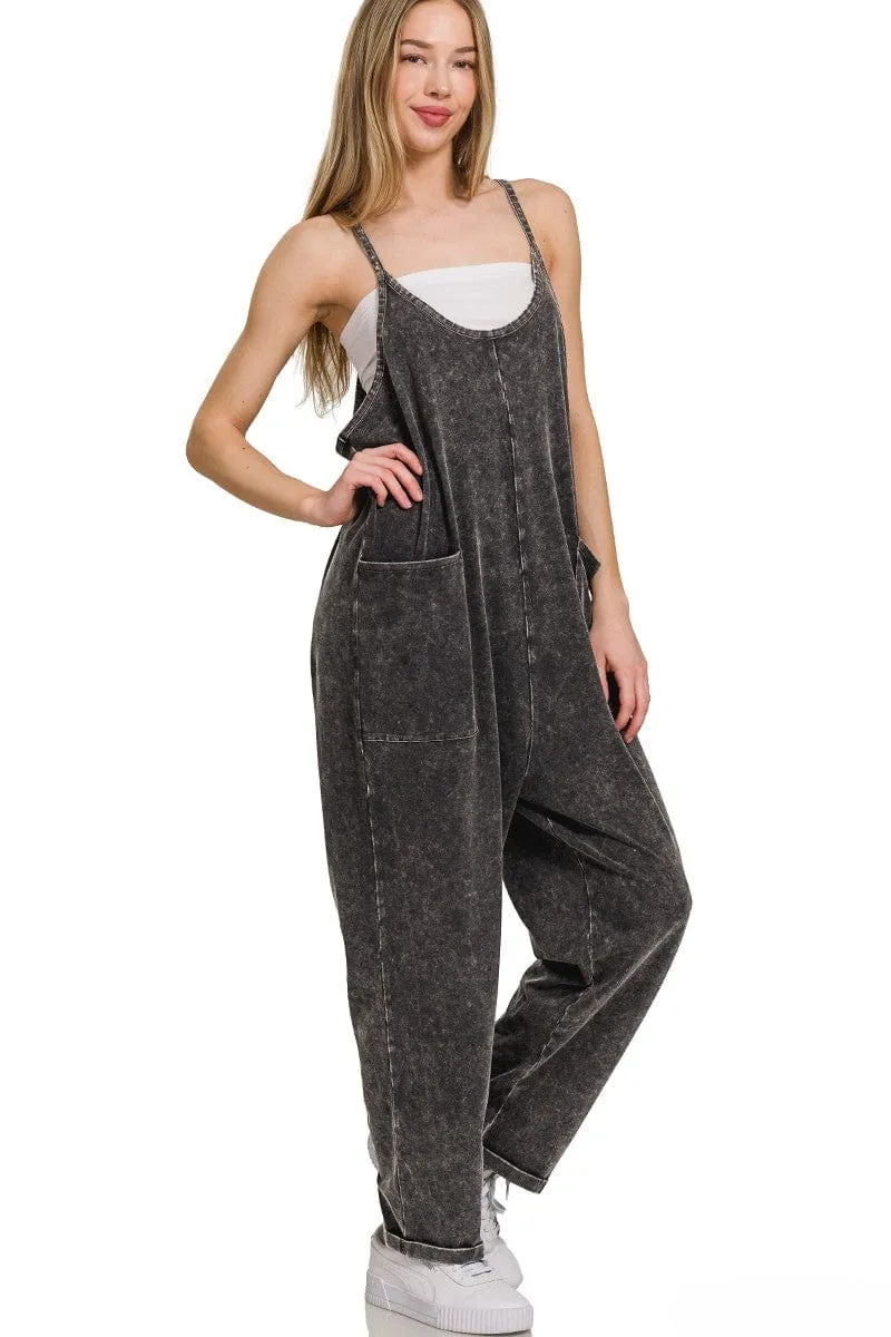 Zenana Acid Washed Spaghetti Strap Overalls with Pockets