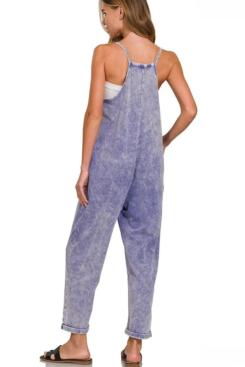 Zenana Acid Washed Spaghetti Strap Overalls with Pockets