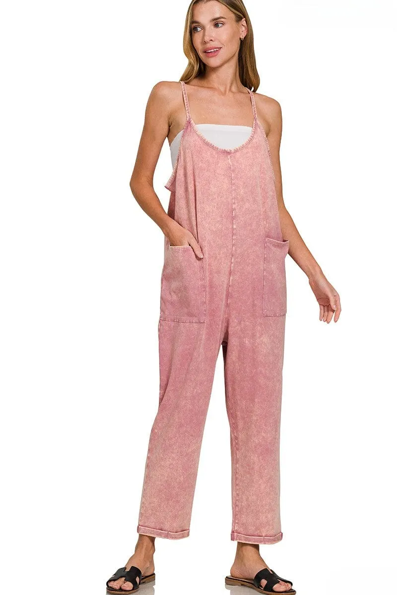 Zenana Acid Washed Spaghetti Strap Overalls with Pockets