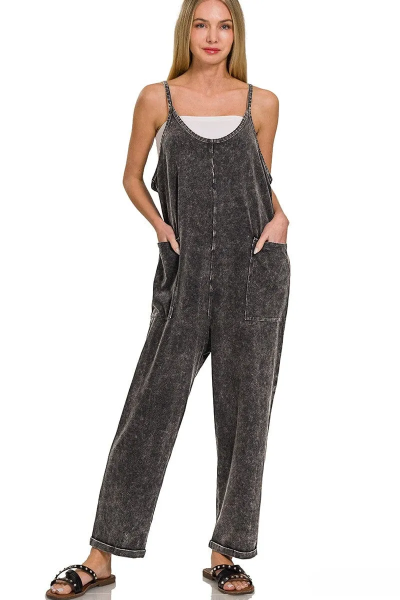 Zenana Acid Washed Spaghetti Strap Overalls with Pockets