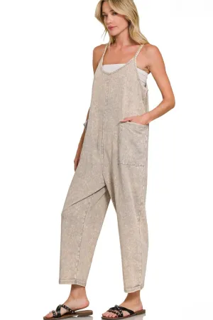 Zenana Acid Washed Spaghetti Strap Overalls with Pockets